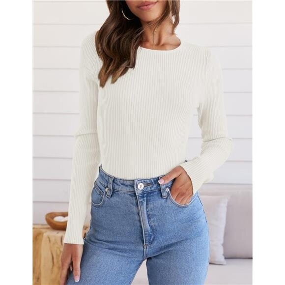 Women's Long Sleeve Crewneck Shirts - Fall Knit Sweater, Slim Fitted Casual - Picture 3 of 7